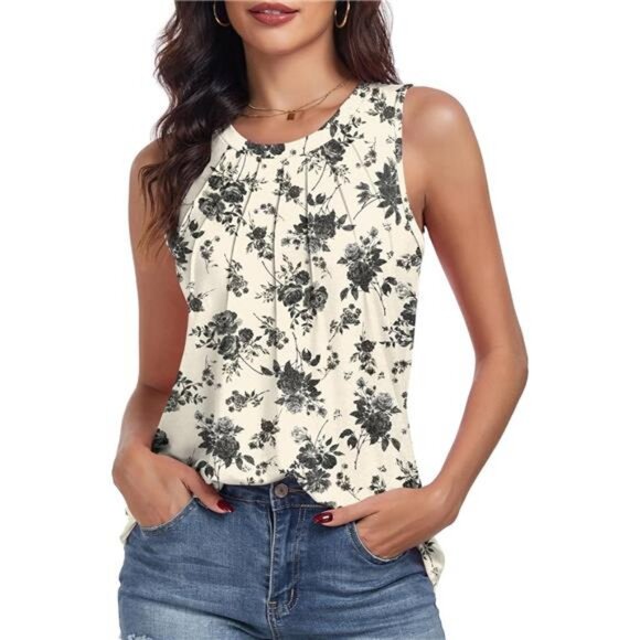 Women's Summer Tank Tops Pleated Round Neck Sleeveless Tops - Picture 2 of 6